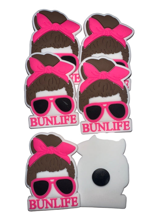 Tote charm with sunglasses and a bun design, featuring the text 'BUNLIFE'.