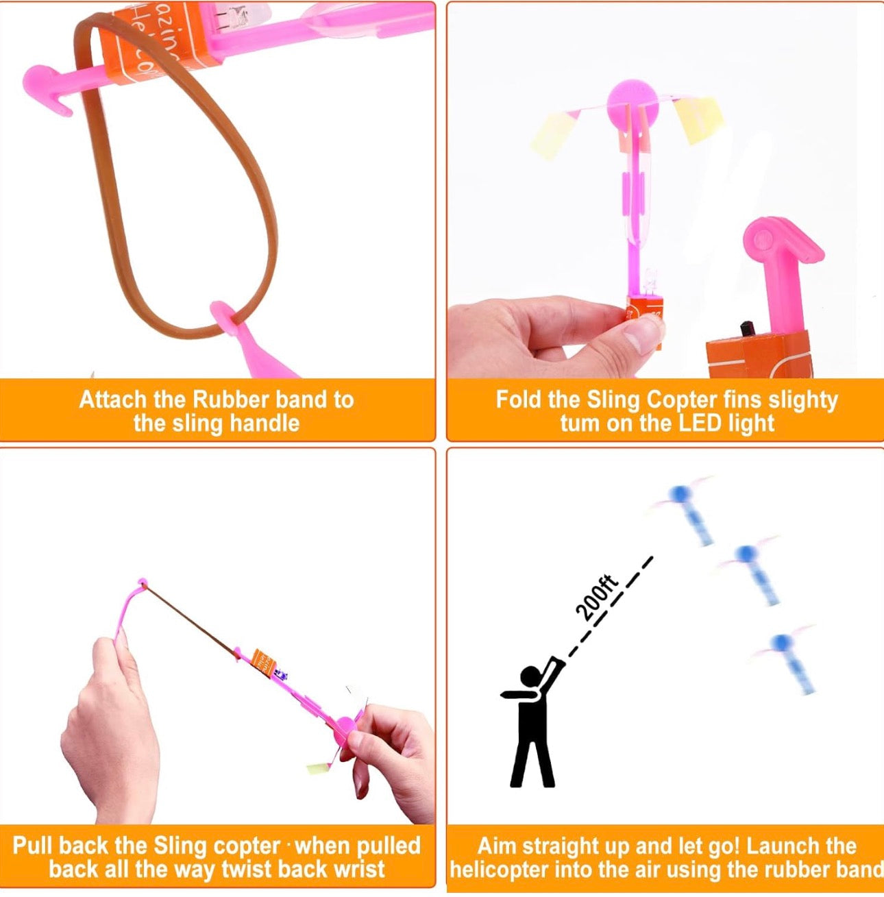 Step-by-step instructions for using a slingshot helicopter toy.