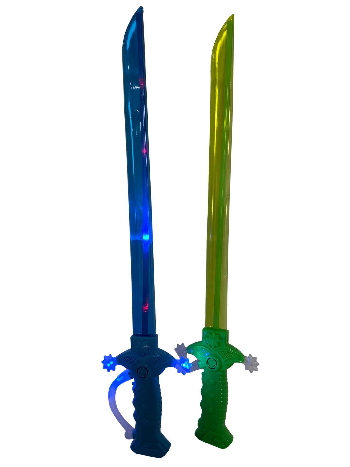 Toy sword with green handle and blue blade on a white background