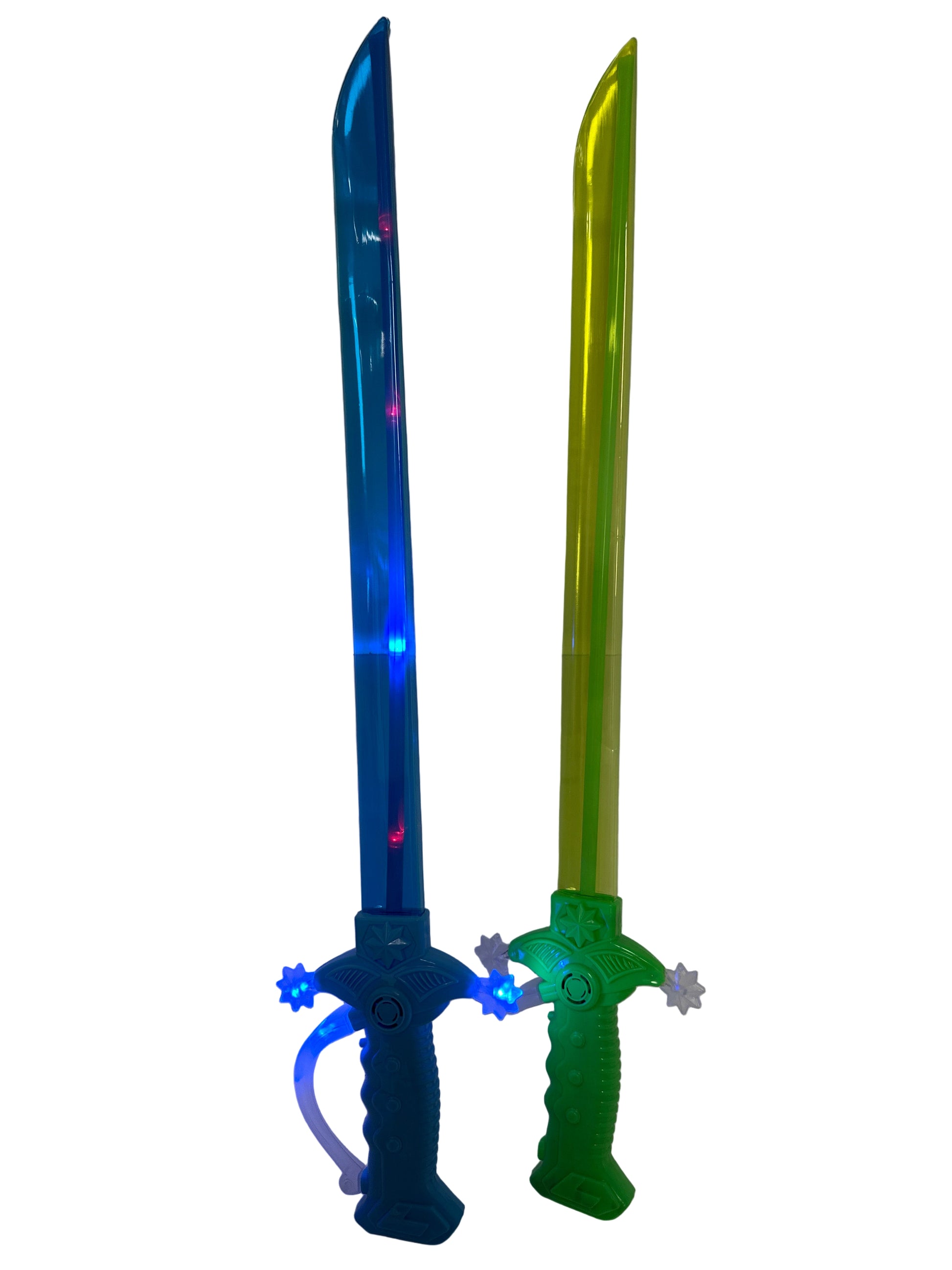 Toy sword with green handle and blue blade on a white background
