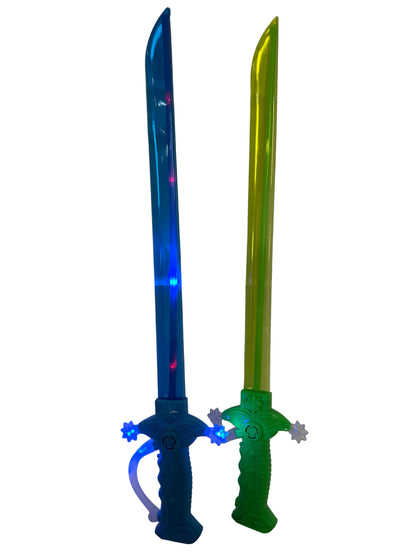 Toy sword with green handle and blue blade on a white background