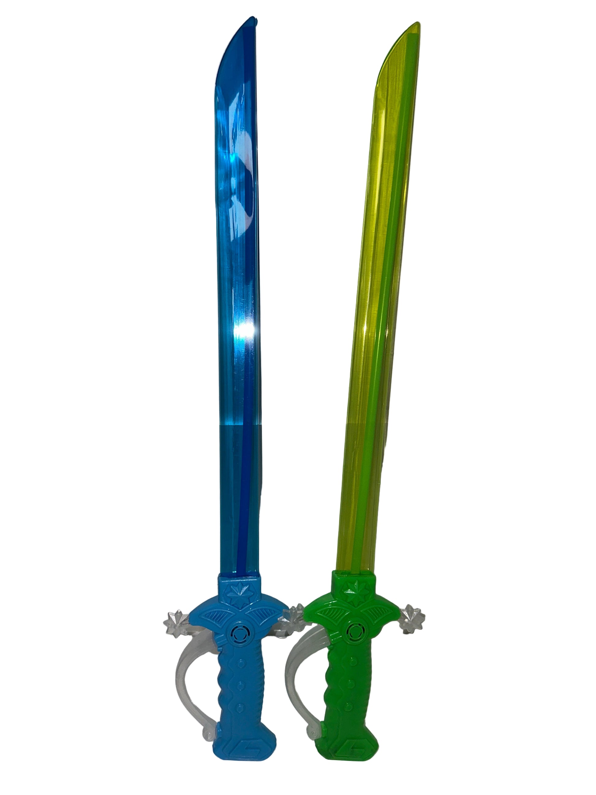 Toy sword with green blade and blue handle on a white background