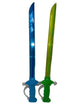 Toy sword with green blade and blue handle on a white background
