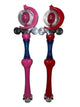 Two toy wands with lights, one pink and one red, standing upright against a light background.