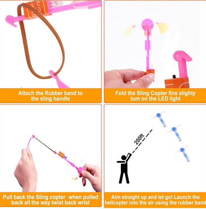 Step-by-step instructions for using a slingshot helicopter toy.