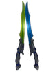 Two toy swords, one blue and green, the other gray and blue, on a white background.